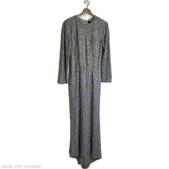 Mac Duggal 5308 Elegant platinum long-sleeved evening gown adorned beading 14 - Picture 3 of 14